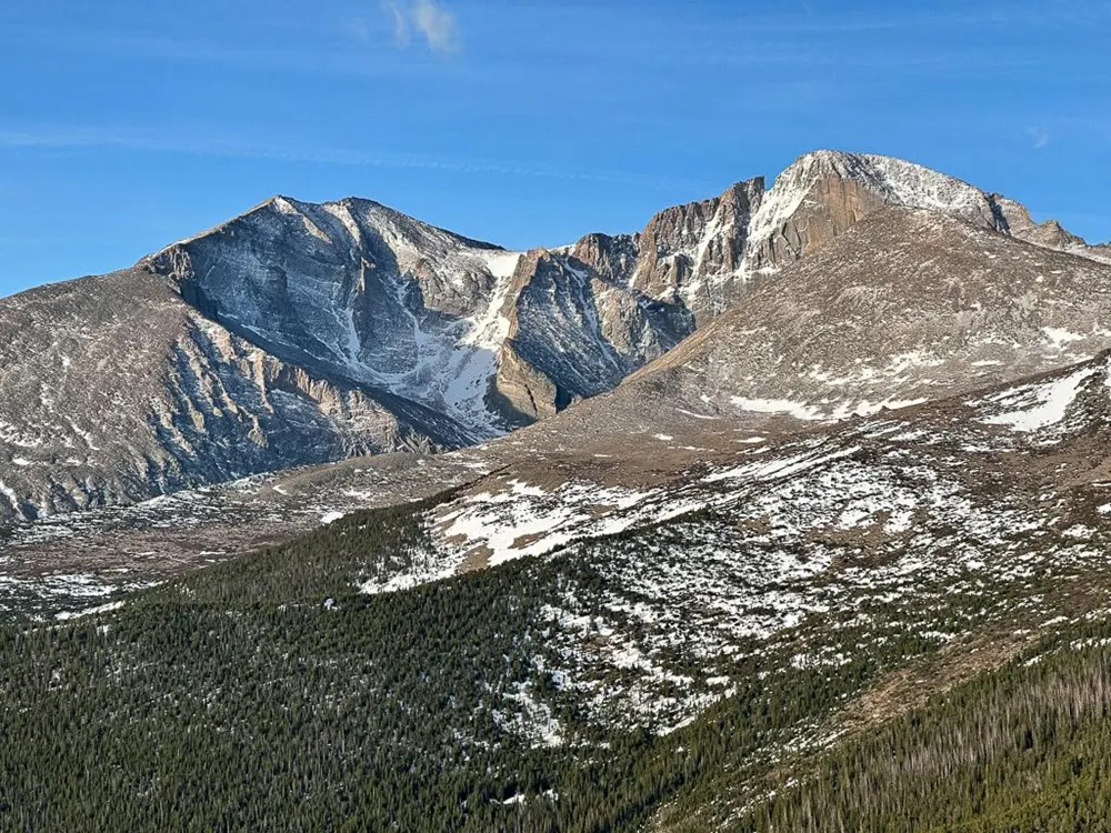 Snow dusting Longs Peak and Mount Meeker in Rocky Mountain National Park